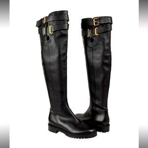 Valentino Boots Over Knee Black Flat Crisscross Straps With Buckle Size 6.5